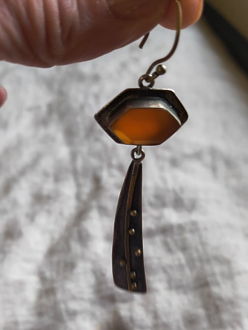 Artisan Orange Aventurine Hexagon Drop Earrings with Mixed Metal Accents Boho - Picture 6 of 8